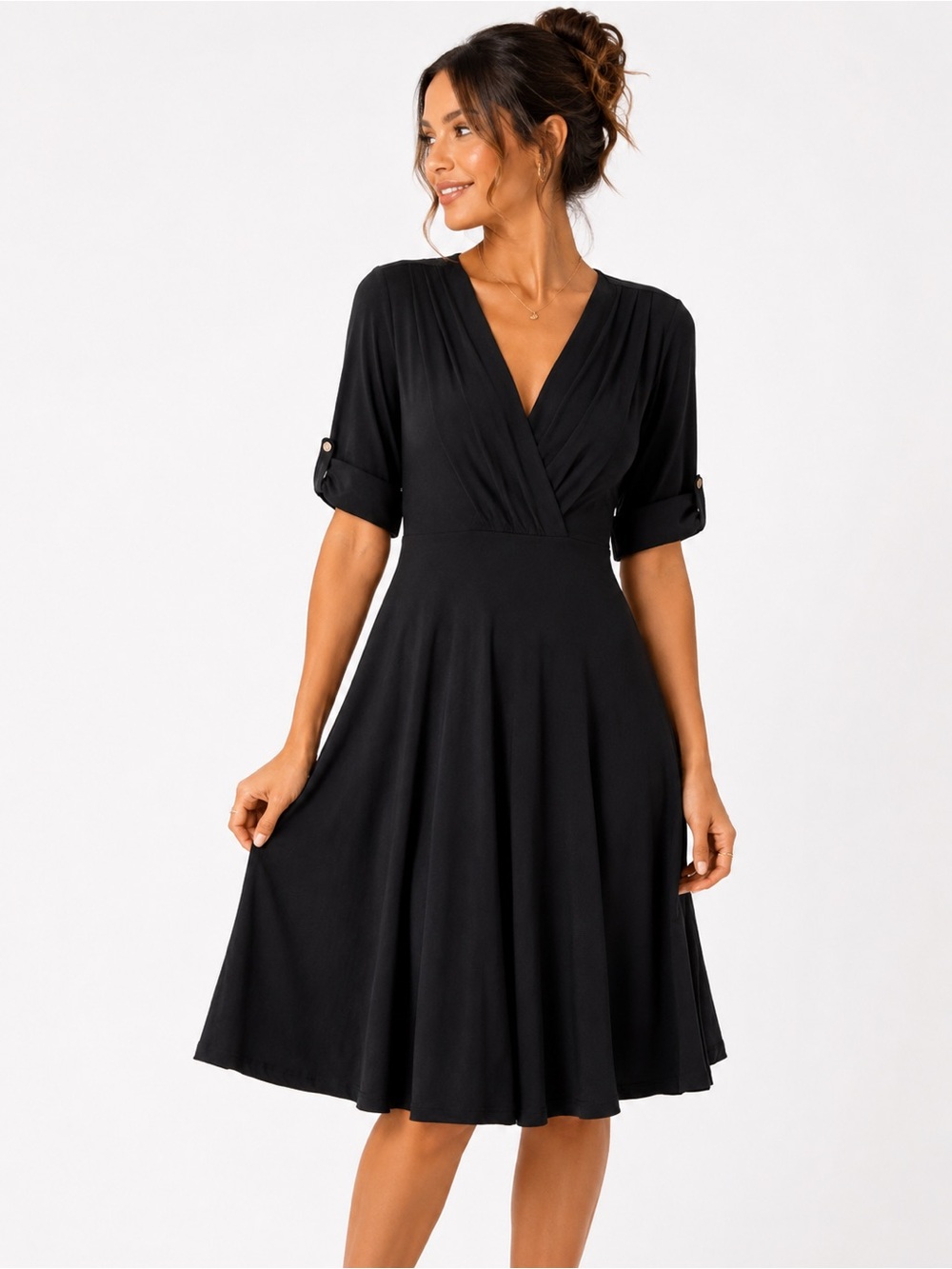 Unique Vintage Black Surplice Fit-and-Flare Dress